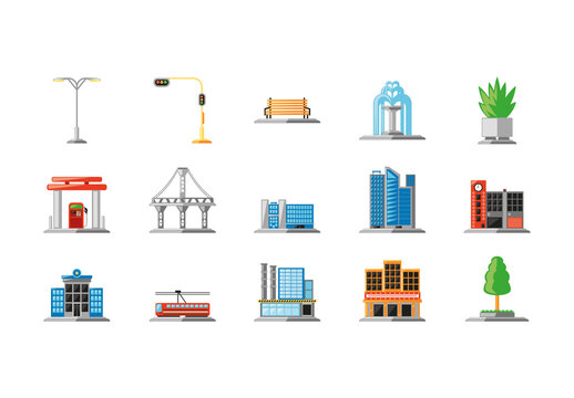Colorful Urban City Structure Elements Illustration Set