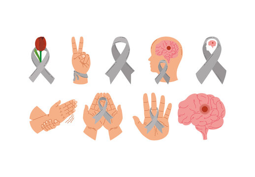 Gray And Beige Brain Awareness Support Illustration Set