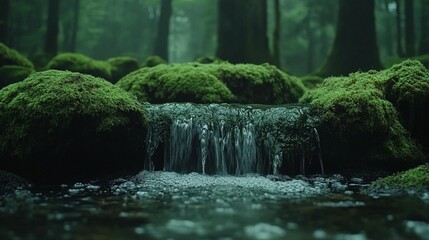 Forest Stream, Mossy Rocks, Waterfall