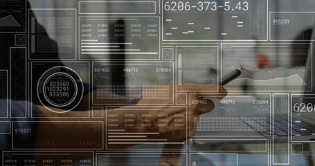 Hand and smartphone being animated over laptop keyboard, with floating data panels in flat design