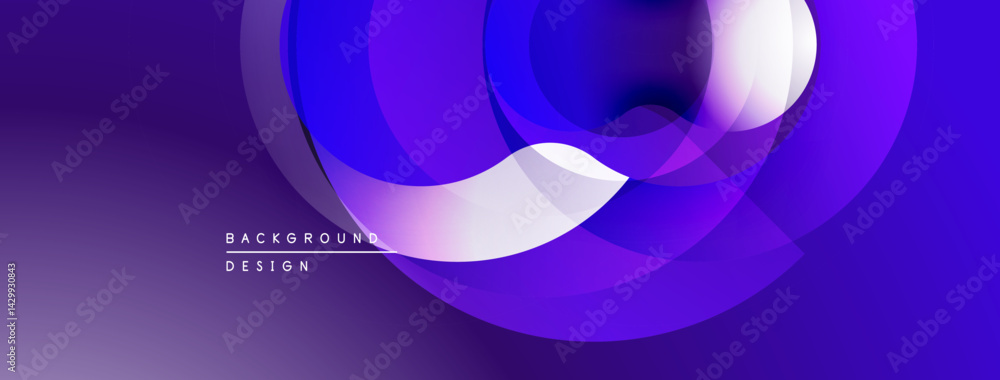 Poster Abstract purple design features overlapping circles, gradients. Modern, dynamic composition creates visual interest. Minimal text present.