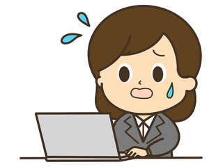 冷や汗をかいて困っているパソコンを使っているスーツを着た女性のイラスト
