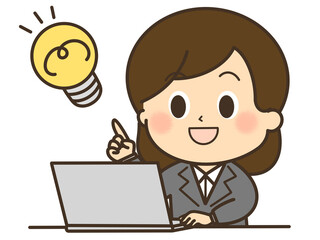 ひらめいて電球が出ているパソコンを使っているスーツを着た女性のイラスト