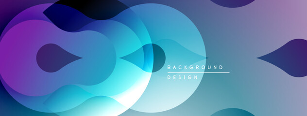 Abstract fluid shapes overlap, creating vibrant blue, purple gradients. Modern design evokes movement, depth, visual interest.