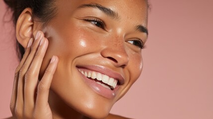 Fototapeta premium Radiant young woman with glowing skin and golden accents, embodying natural beauty and serenity