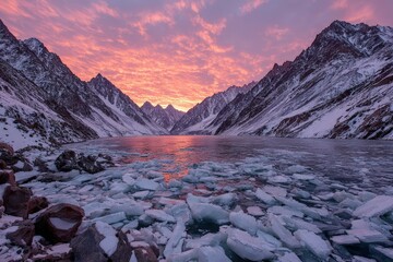 Obraz premium Breathtaking icy landscape with mountains and vibrant sunset colors.