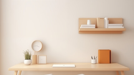 Minimalist Home Office Desk Setup Laptop Clock Plant Shelf