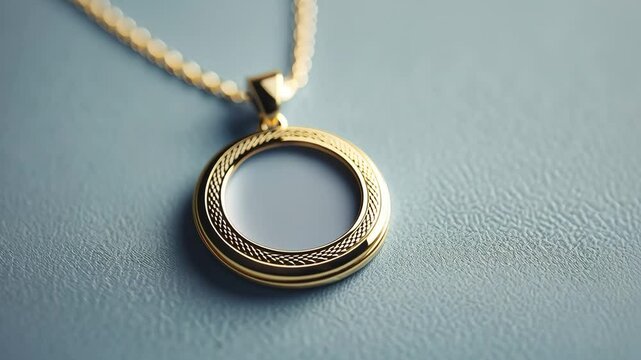 Elegant gold locket necklace on blue background.