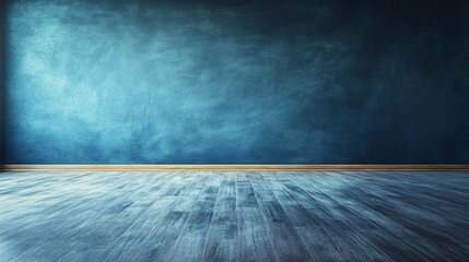 minimalist blue interior with wooden floor and bold wall art design
