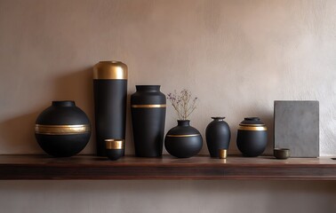 Black and Gold Vases on Wooden Shelf Against Beige Wall