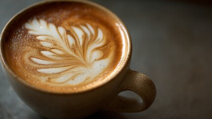 Latte art coffee cup in warm tones, a moment of crafted perfection.