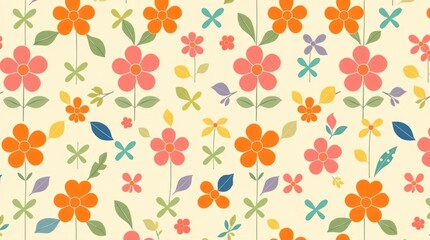 Pastel floral pattern with various flower shapes and colors on a cream background