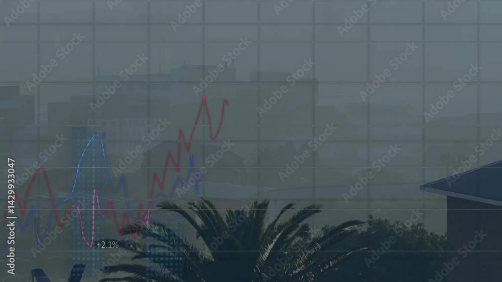 Poster financial line graph floating on glass grid pane in flat design, displaying red blue data labels