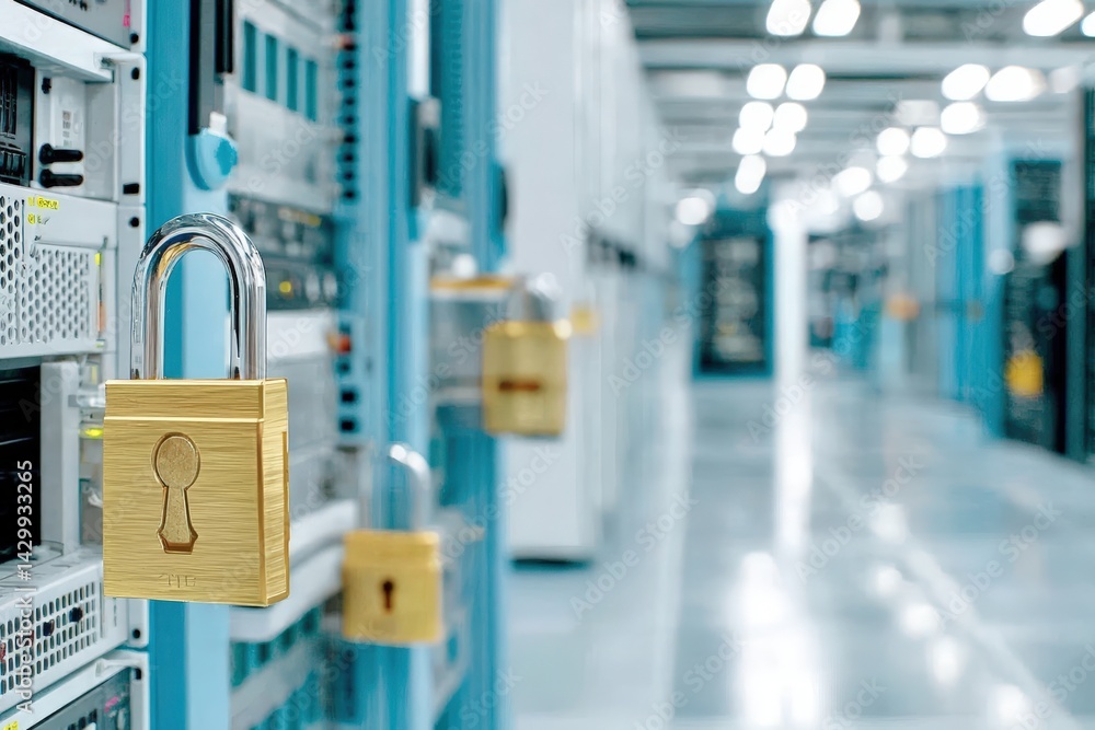 Poster secure data center with a focus on locked equipment.