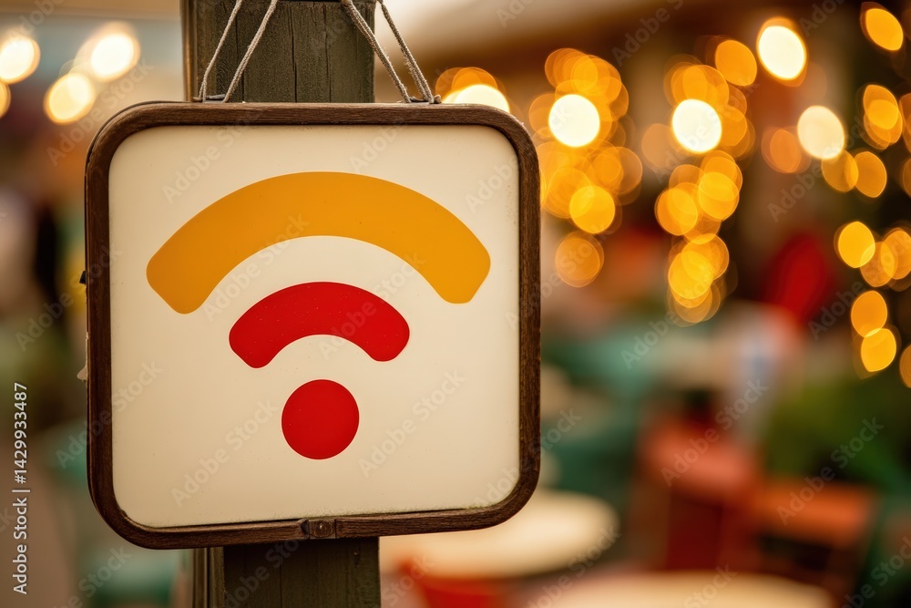 Poster wi-fi sign with colorful bokeh background in a cozy setting.