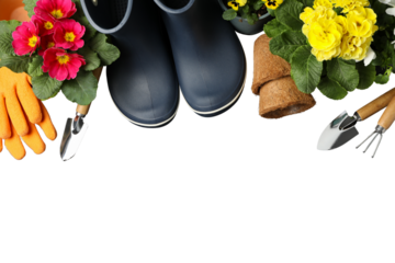 Gardening, Colorful flowers and gardening tools are neatly arranged around blue rubber boots, isolated on white, PNG