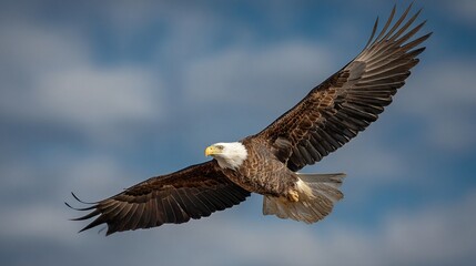 Naklejka premium Bald eagle soars majestically through the sky, wings outstretched, a symbol of freedom.