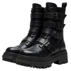 Pair of stylish black combat boots with multiple straps, set against a neutral background, ideal for fashion showcases