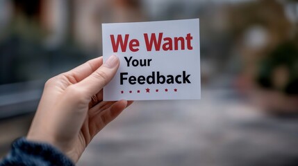 A hand holding a feedback request sign, symbolizing customer engagement.