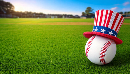 Baseball proudly wearing a red white blue patriotic hat, on a beautiful green baseball field