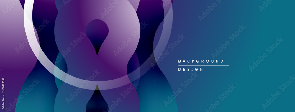 Poster abstract fluid shapes, purple hues blend into blue. minimalist design with circular elements, modern