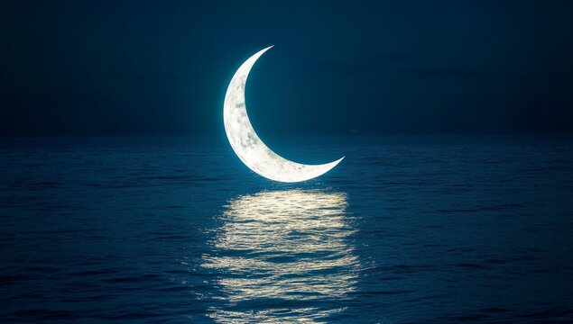 Crescent moon over calm waters at night