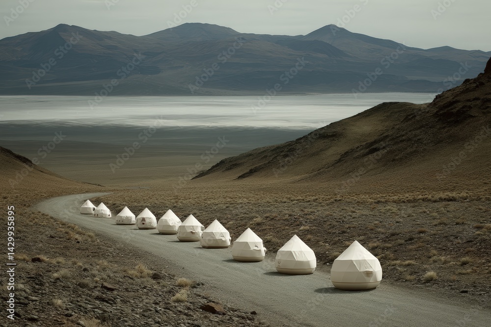 Poster remote futuristic structures on a gravel path with mountains in the background.