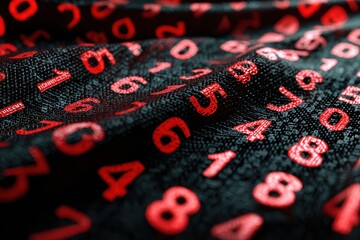 Abstract Red Numbers on Black Fabric Background
