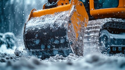 Bulldozer clears snow in a winter landscape, showcasing heavy machinery in action.