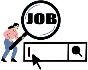 Job search concept illustration. Woman with magnifying glass examining 