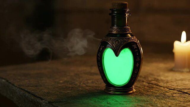 Heart-shaped glowing potion bottle with smoke against candlelight  