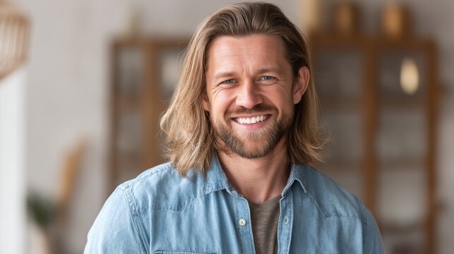 Happy man smiling at home, warm and relaxed vibe