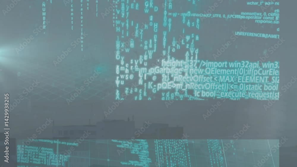 Poster futuristic flat design holographic network nodes floating over city skyline displaying numeric data