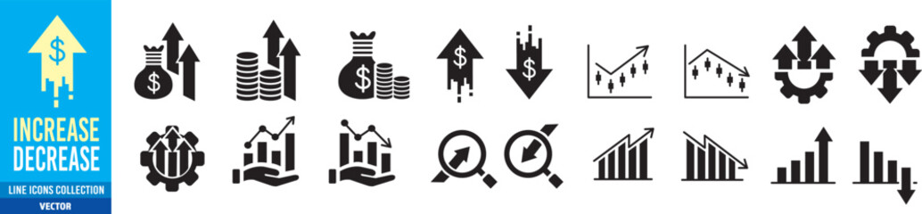 Increase decrease icon set. Editable line icon collection.
Vector illustration. 
