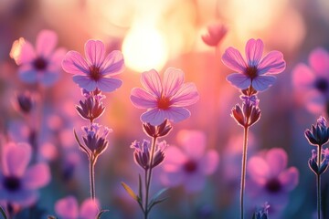 Sunset over a field of pink flowers