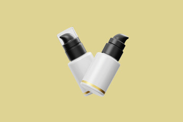 3D Render Two white skincare bottles with black pumps on a beige background