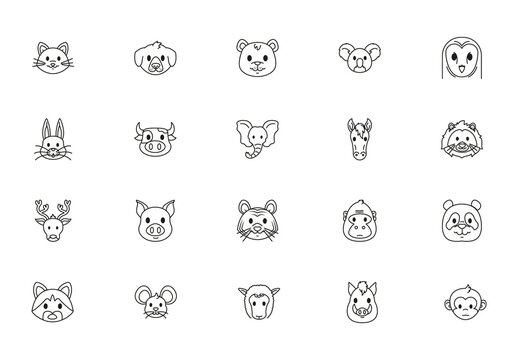 Black Simple Animal Outline Faces Icons Set