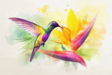 Obraz premium Majestic hummingbird sipping nectar from colorful tropical flower while in flight against a vibrant background