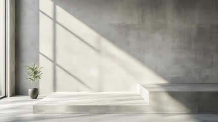 Minimalist interior with sunlit platform and plant.