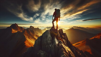 Fototapeta premium Adventurous Hiker Reaching Mountain Summit at Sunrise with Scenic Valley View