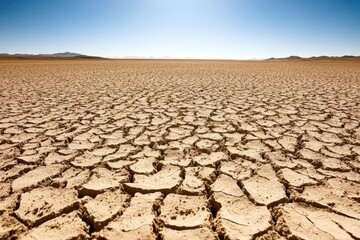 A cracked, barren landscape under a bright sky.  Dry earth,  fissured by drought