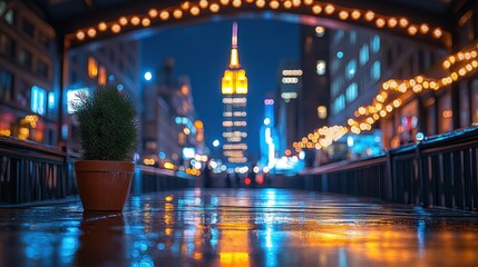 City lights reflecting on wet pavement, small tree in a pot