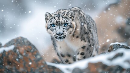 Fototapeta premium Snow leopard prowls through a snowy landscape.