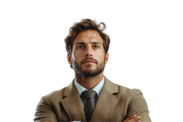 Elegant man in brown blazer and tie gazes upward, radiating thoughtful ambition and inner strength, isolated on a transparent background