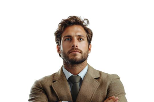 Elegant man in brown blazer and tie gazes upward, radiating thoughtful ambition and inner strength, isolated on a transparent background
