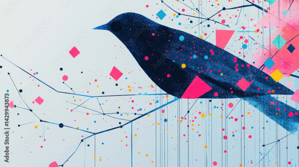 Poster abstract art depiction of a bird in flight with colorful geometric shapes and splashes creating a vi