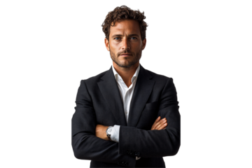 Focused gentleman with curly hair and folded arms presents strength, confidence, and strategic thinking, isolated on a transparent background