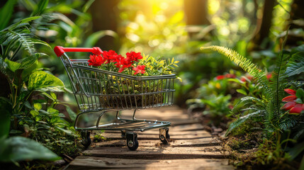 Shopping cart with red flowers in lush forest path