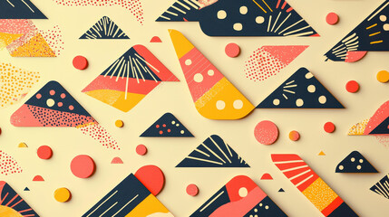 Abstract colorful paper fans and circular shapes scattered on a beige background creating a lively decorative pattern suitable for festivities and celebration themes