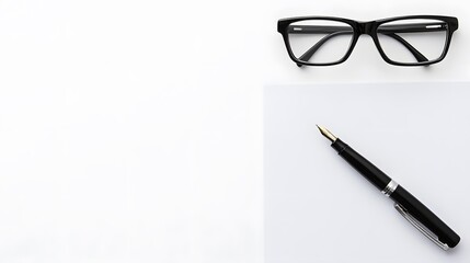 Fototapeta premium Elegant Flatlay White Background Black Fountain Pen Glasses Minimalist